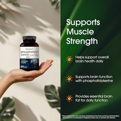 NatureBell Phosphatidylserin 500mg - 240 Kapseln - Gehirnunterstützung für Männer und Frauen* - Bioverfügbares Sonnenblumenlecithin - Leicht zu schlucken - Glutenfrei