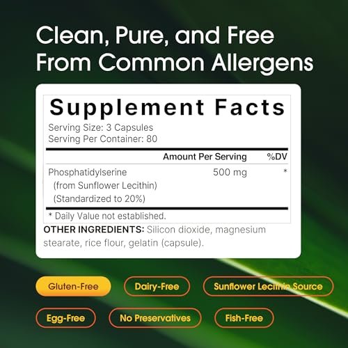 NatureBell Phosphatidylserin 500mg - 240 Kapseln - Gehirnunterstützung für Männer und Frauen* - Bioverfügbares Sonnenblumenlecithin - Leicht zu schlucken - Glutenfrei