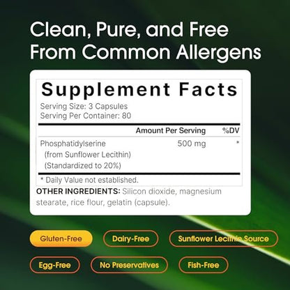 NatureBell Phosphatidylserin 500mg - 240 Kapseln - Gehirnunterstützung für Männer und Frauen* - Bioverfügbares Sonnenblumenlecithin - Leicht zu schlucken - Glutenfrei