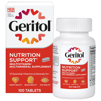 Geritol Multivitamin-Präparat mit B-Vitaminen, Antioxidantien, Vitamin C, E & D und Eisen, 27 essentielle Vitamine und Mineralstoffe, glutenfrei, ohne Gentechnik, ohne künstliche Süßstoffe, 100 Tabletten