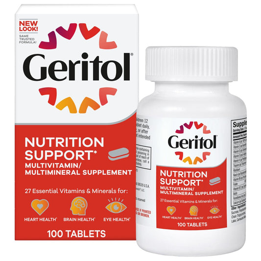 Geritol Multivitamin-Präparat mit B-Vitaminen, Antioxidantien, Vitamin C, E & D und Eisen, 27 essentielle Vitamine und Mineralstoffe, glutenfrei, ohne Gentechnik, ohne künstliche Süßstoffe, 100 Tabletten