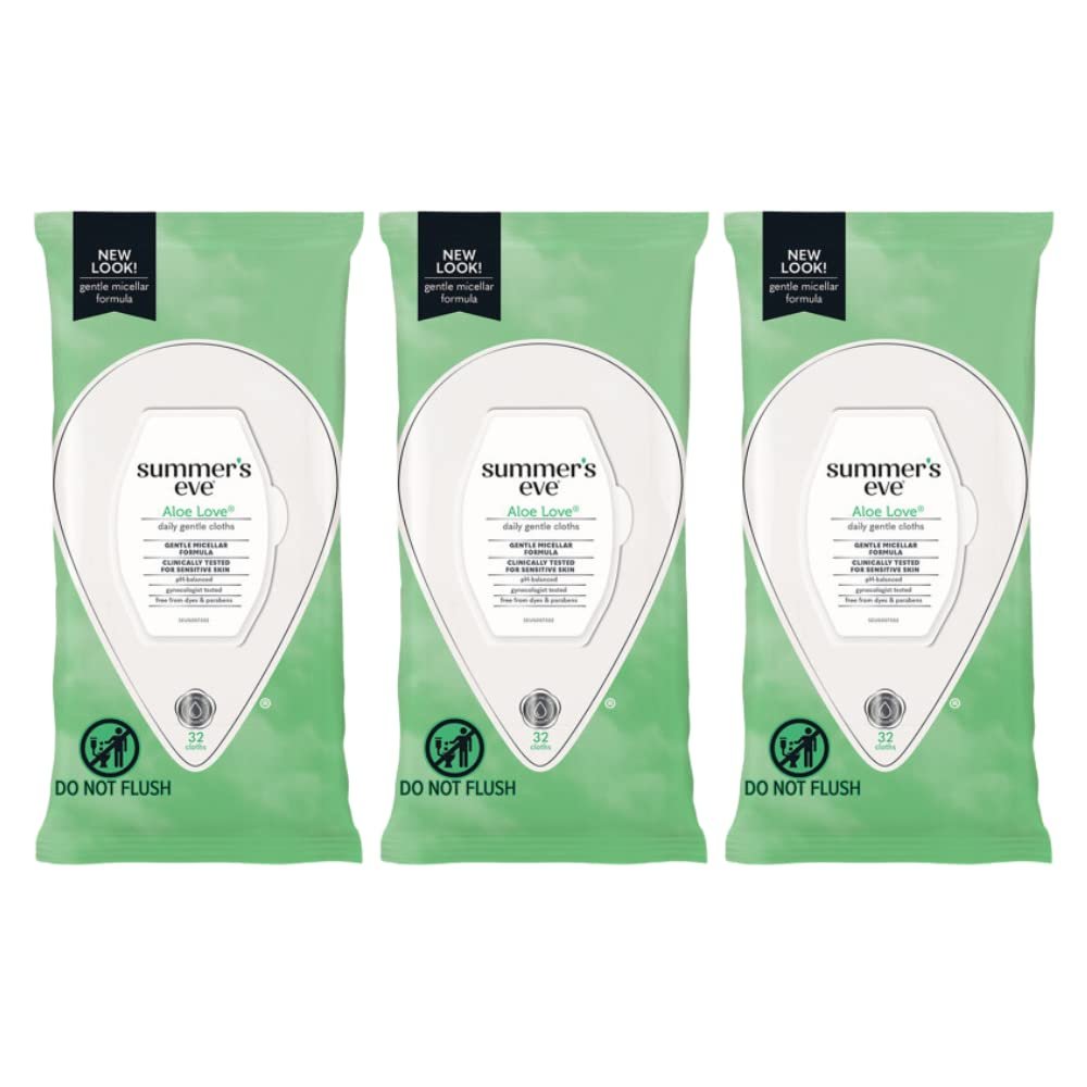 Summer’s Eve Aloe Love Feuchttücher für die Intimhygiene, tägliche Intimtücher, entfernt Gerüche, pH-ausgeglichen, sanft für empfindliche Haut, 32 Stück (3er-Pack)
