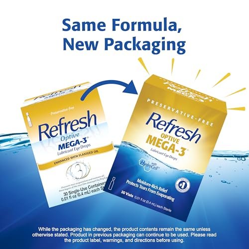 Refresh Optive Mega-3 Befeuchtende Augentropfen für trockene Augen, Konservierungsmittelfrei, 0,01 Fl Oz Einzeldosis-Behälter, 30 Stück