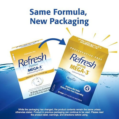 Refresh Optive Mega-3 Befeuchtende Augentropfen für trockene Augen, Konservierungsmittelfrei, 0,01 Fl Oz Einzeldosis-Behälter, 30 Stück