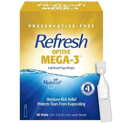 Refresh Optive Mega-3 Befeuchtende Augentropfen für trockene Augen, Konservierungsmittelfrei, 0,01 Fl Oz Einzeldosis-Behälter, 30 Stück
