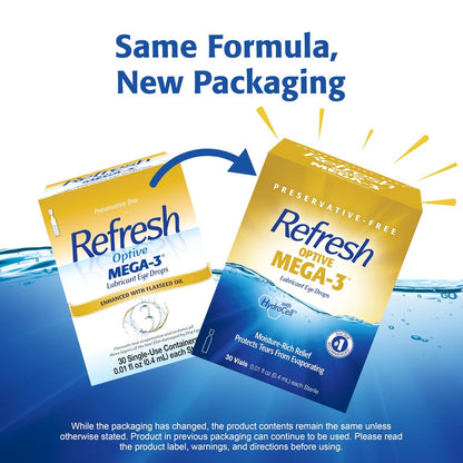 Refresh Optive Mega-3 Befeuchtende Augentropfen für trockene Augen, Konservierungsmittelfrei, 0,01 Fl Oz Einzeldosis-Behälter, 30 Stück