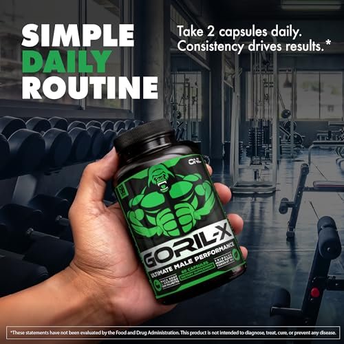 GORIL-X Testosteron-Booster für Männer – Workout Nahrungsergänzung für Größe, Kraft & Energie – 1000mg mit Bockshornklee, Maca-Wurzel, Tongkat Ali & Tribulus – 60 Kapseln