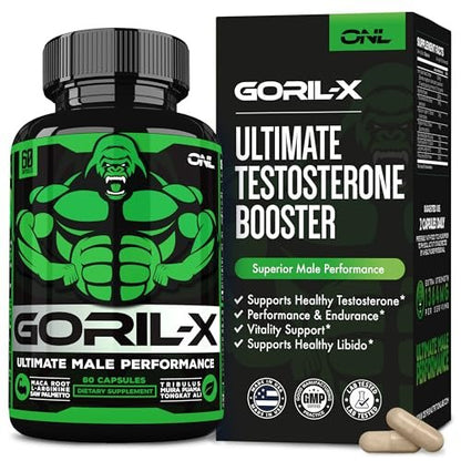 GORIL-X Testosteron-Booster für Männer – Workout Nahrungsergänzung für Größe, Kraft & Energie – 1000mg mit Bockshornklee, Maca-Wurzel, Tongkat Ali & Tribulus – 60 Kapseln