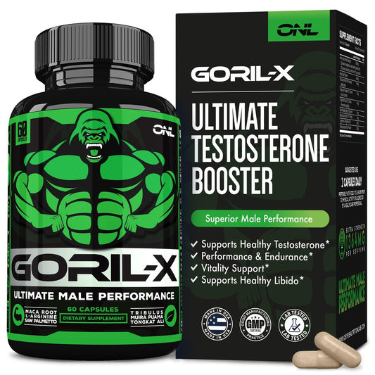 GORIL-X Testosteron-Booster für Männer – Workout Nahrungsergänzung für Größe, Kraft & Energie – 1000mg mit Bockshornklee, Maca-Wurzel, Tongkat Ali & Tribulus – 60 Kapseln