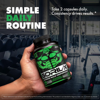 GORIL-X Testosteron-Booster für Männer – Workout Nahrungsergänzung für Größe, Kraft & Energie – 1000mg mit Bockshornklee, Maca-Wurzel, Tongkat Ali & Tribulus – 60 Kapseln