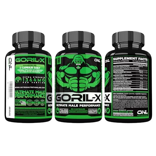 GORIL-X Testosteron-Booster für Männer – Workout Nahrungsergänzung für Größe, Kraft & Energie – 1000mg mit Bockshornklee, Maca-Wurzel, Tongkat Ali & Tribulus – 60 Kapseln