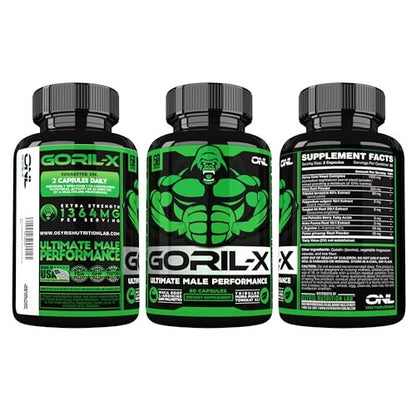 GORIL-X Testosteron-Booster für Männer – Workout Nahrungsergänzung für Größe, Kraft & Energie – 1000mg mit Bockshornklee, Maca-Wurzel, Tongkat Ali & Tribulus – 60 Kapseln