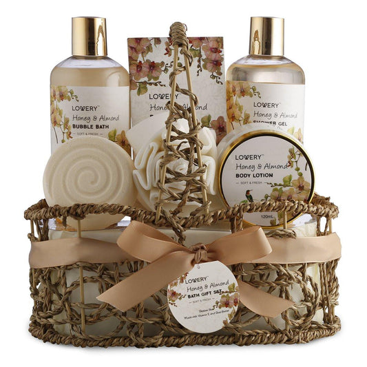 Muttertags-Geschenkkorb, Geschenk für Mama, Tochter, Oma, Ehefrau, Spa Honey & Almond Duft, Luxus Bad & Körper Set, Duschgel, Schaumbad, Körperlotion, Badesalz, Badebombe, Badeschwamm & handgefertigter Korb
