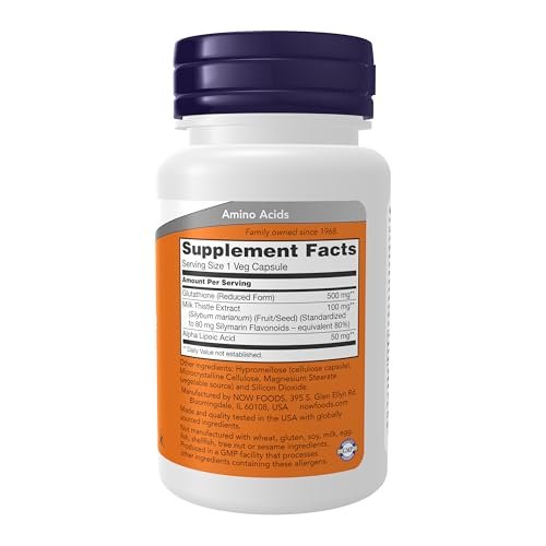 NOW Foods Glutathion 500 mg mit Mariendistel-Extrakt & Alpha-Liponsäure, Freie-Radikale-Neutralisator*, 30 vegane Kapseln
