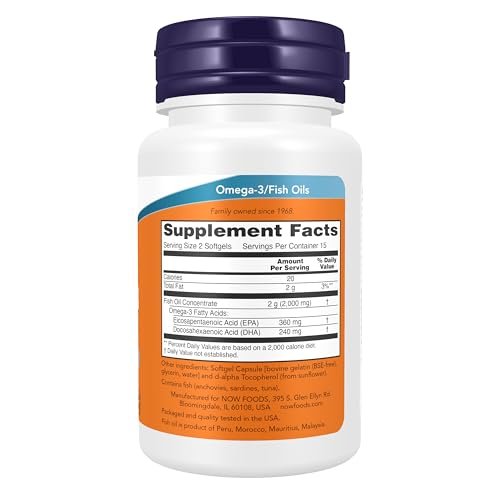 NOW Foods Omega-3 180 EPA / 120 DHA, 30 Kapseln - hochdosiert, molekulardestilliert, für das Herz-Kreislauf-System*
