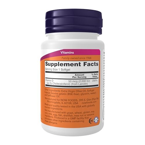 NOW Foods Vitamin D-3 2.000 IE – Hochdosiert für starke Knochen und Immunsystem, 30 Softgels