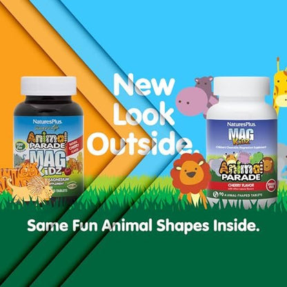 NaturesPlus Animal Parade MagKidz, Natürlicher Kirschgeschmack - 90 tierförmige Kautabletten, Packung mit 2 - Knochen- und Muskelgesundheit - Nicht-GMO, Vegan, Glutenfrei, Zuckerfrei - 90 Portionen insgesamt