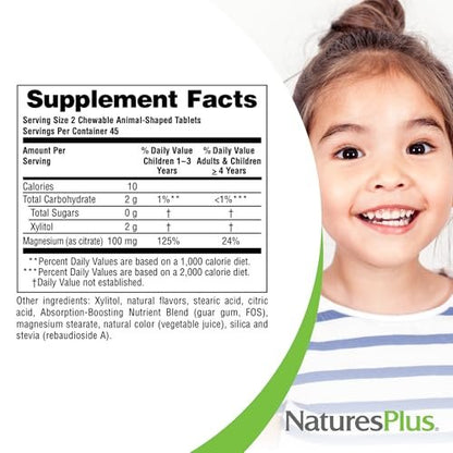 NaturesPlus Animal Parade MagKidz, Natürlicher Kirschgeschmack - 90 tierförmige Kautabletten, Packung mit 2 - Knochen- und Muskelgesundheit - Nicht-GMO, Vegan, Glutenfrei, Zuckerfrei - 90 Portionen insgesamt