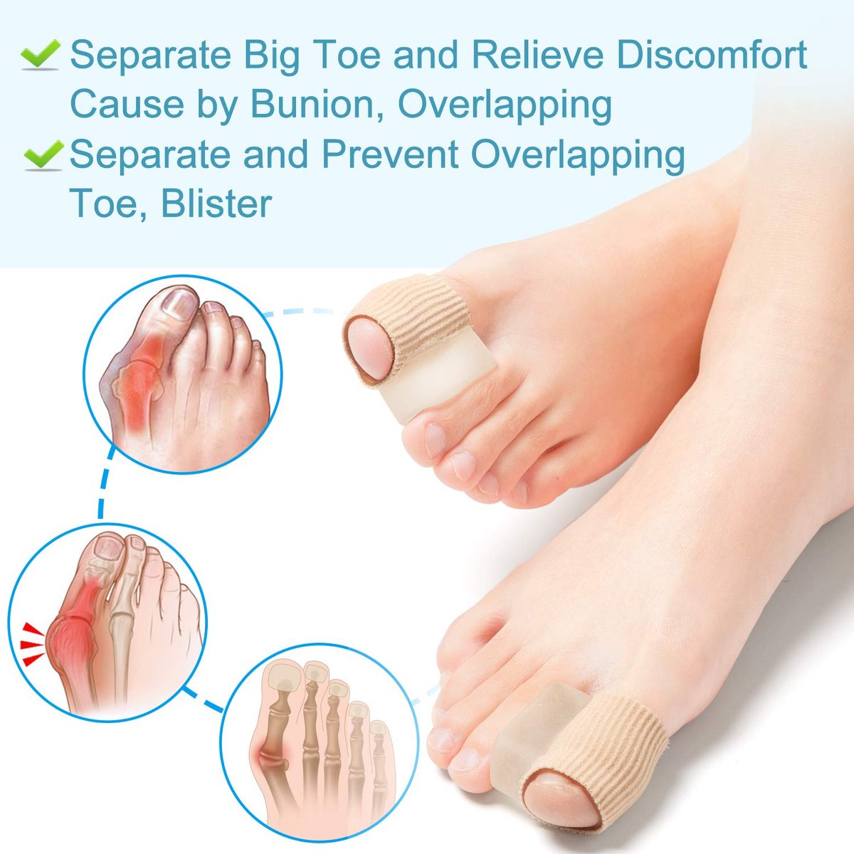 Povihome 6er-Pack Gel-Zehenspreizer (1,5 cm dick), Ballenkorrektur für überlappende Zehen (1./2. Zeh), Silikon-Zehenspreizer mit weichem Gel-Futter zur Linderung von Hallux- und Ballenschmerzen