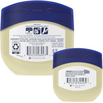 Vaseline Cocoa Butter Healing Jelly Variety Pack, 2 Größen (220 g & 50 g) – Reichhaltige Feuchtigkeitscreme, Schutz und Pflege für trockene Haut