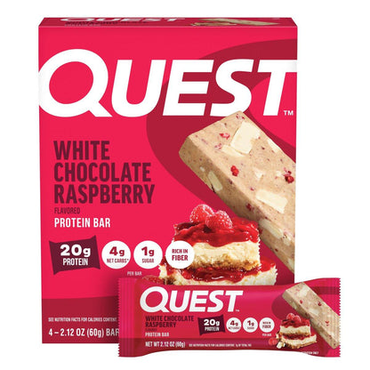 Quest Nutrition Weiße Schokolade Himbeer Proteinriegel, 20g Protein, 1g Zucker, 5g Netto-Kohlenhydrate, Ballaststoffreich, Glutenfrei, Keto-freundlich, 4er-Pack