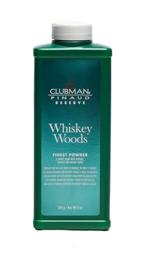 Clubman Reserve Whiskey Woods Finest Powder – Klassisches Körperpuder für Männer, Feuchtigkeits- und Geruchskontrolle, Barbershop-Whiskey-Holz-Duft, 255 g