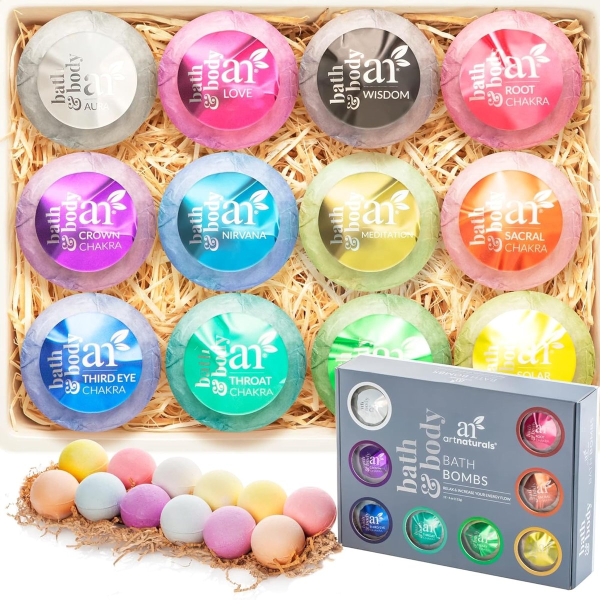 Artnaturals Große Badebomben Geschenkset – 12 x 113g Natürliche Handgefertigte Badebomben mit Ätherischen Ölen für Entspannung und Feuchtigkeitspflege – Ideal für Frauen, Männer und Kinder