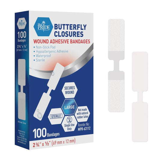 MED PRIDE Schmetterlingspflaster für Wundverschluss, steril, hypoallergen, hautfreundlich, latexfrei, Packung mit 100 Stück in verschiedenen Größen (groß)