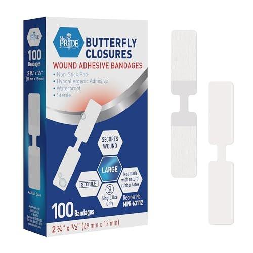 MED PRIDE Schmetterlingspflaster für Wundverschluss, steril, hypoallergen, hautfreundlich, latexfrei, Packung mit 100 Stück in verschiedenen Größen (groß)