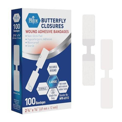 MED PRIDE Schmetterlingspflaster für Wundverschluss, steril, hypoallergen, hautfreundlich, latexfrei, Packung mit 100 Stück in verschiedenen Größen (groß)