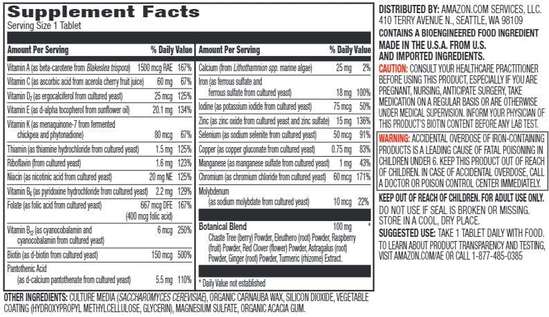 Amazon Elements Frauen Tägliches Multivitamin, 59 % Vollwertkost-Kultur, Vegan, 65 Tabletten, 2-Monats-Vorrat (Verpackung kann variieren)