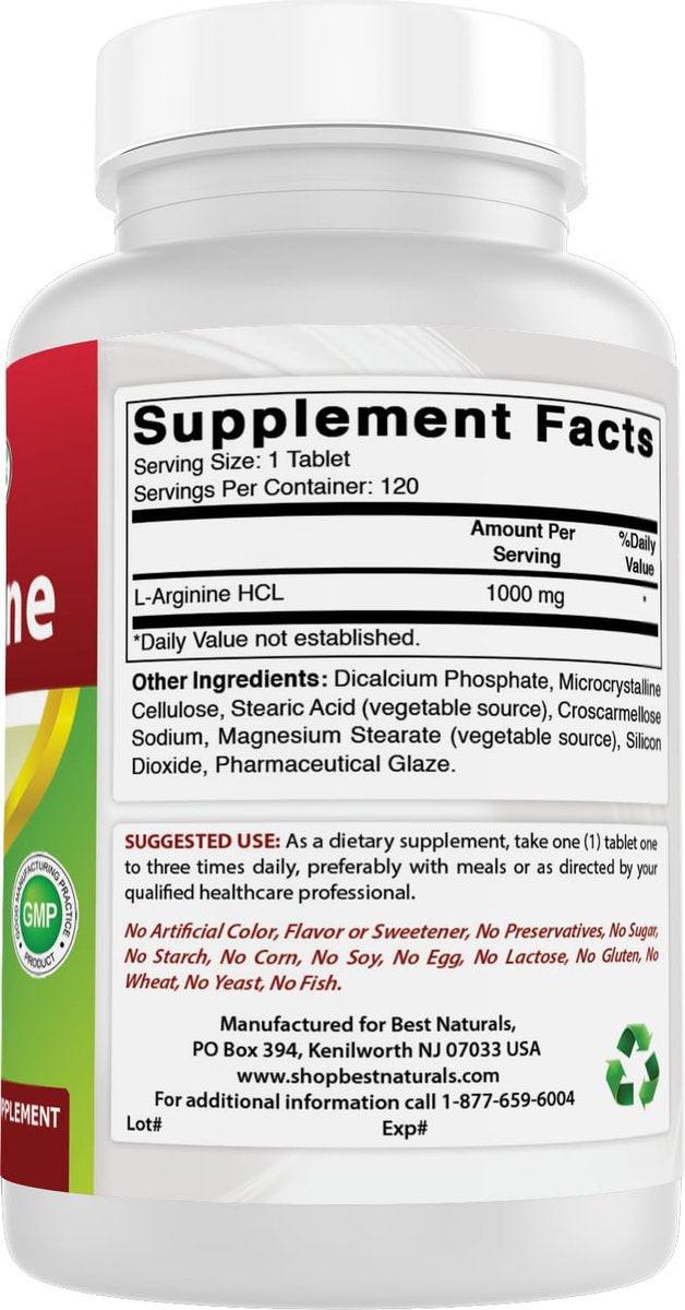 Best Naturals L-Arginin 1000 mg - 120 Tabletten, verbesserte Formel, pharmazeutische Qualität, unterstützt die Stickstoffmonoxid-Synthese