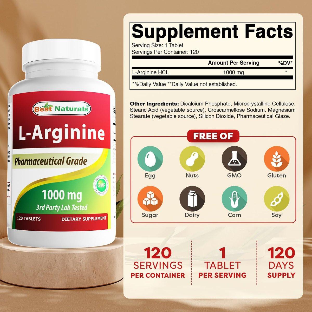 Best Naturals L-Arginin 1000 mg - 120 Tabletten, verbesserte Formel, pharmazeutische Qualität, unterstützt die Stickstoffmonoxid-Synthese
