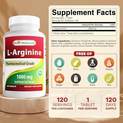 Best Naturals L-Arginin 1000 mg - 120 Tabletten, verbesserte Formel, pharmazeutische Qualität, unterstützt die Stickstoffmonoxid-Synthese