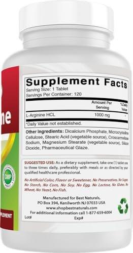 Best Naturals L-Arginin 1000 mg - 120 Tabletten, verbesserte Formel, pharmazeutische Qualität, unterstützt die Stickstoffmonoxid-Synthese