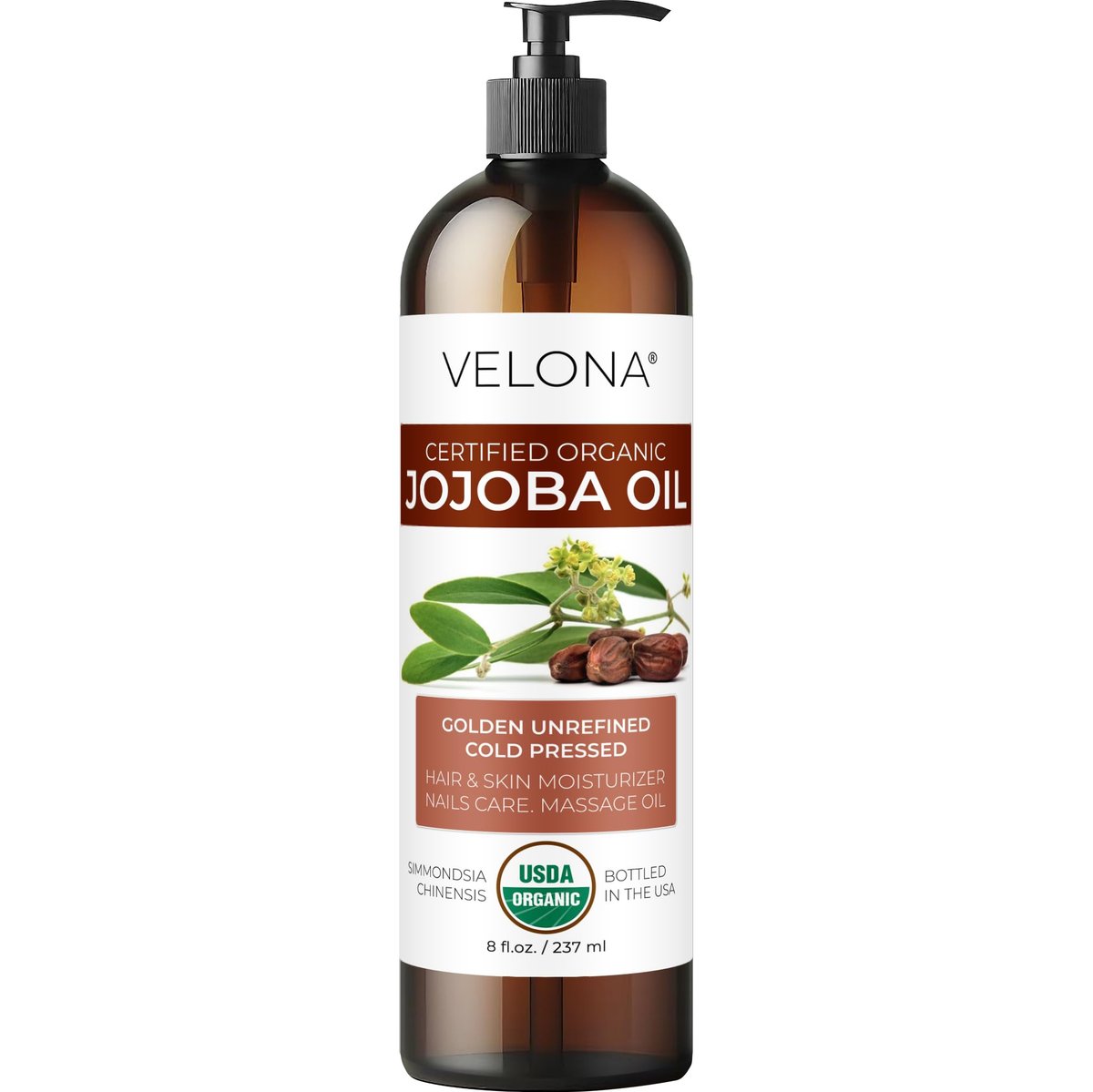 velona Jojobaöl USDA Bio-Zertifiziert - 240 ml (mit Pumpe) | 100% Rein und Natürlich | Golden, Unraffiniert, Kaltgepresst, Hexanfrei | Feuchtigkeitsspendend für Gesicht, Haare, Körper, Hautpflege