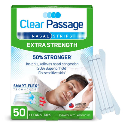 Clear Passage Nasal Strips, Klare Extra Stärke, 50 Stück | Wirkt sofort zur Verbesserung des Schlafs, Reduzierung von Schnarchen und Linderung von Nasenverstopfung durch Erkältungen und Allergien
