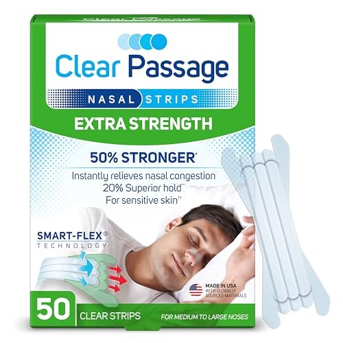 Clear Passage Nasal Strips, Klare Extra Stärke, 50 Stück | Wirkt sofort zur Verbesserung des Schlafs, Reduzierung von Schnarchen und Linderung von Nasenverstopfung durch Erkältungen und Allergien