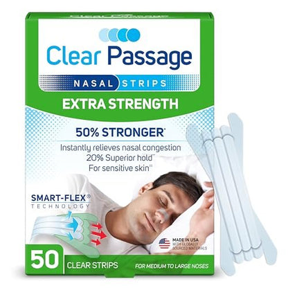 Clear Passage Nasal Strips, Klare Extra Stärke, 50 Stück | Wirkt sofort zur Verbesserung des Schlafs, Reduzierung von Schnarchen und Linderung von Nasenverstopfung durch Erkältungen und Allergien