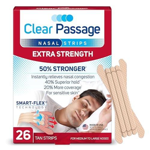 Clear Passage Nasal Strips Extra Strength, 26 Stück | Befreit die Nase sofort, verbessert den Schlaf, reduziert Schnarchen und lindert Nasenverstopfung durch Erkältungen und Allergien