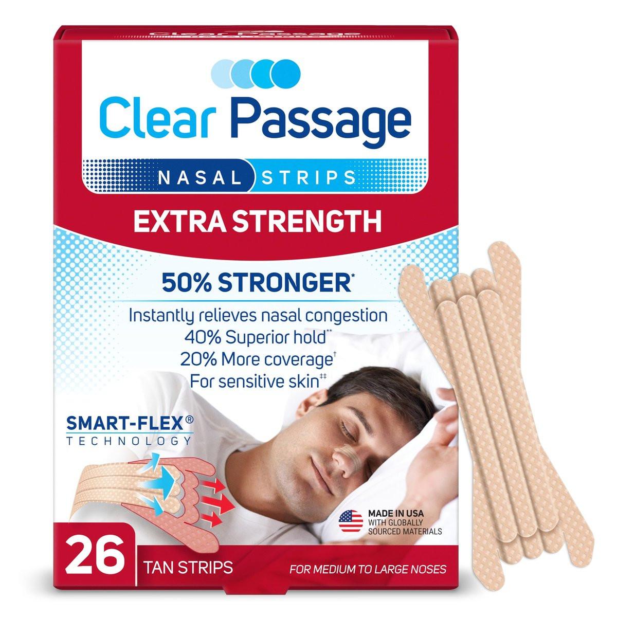Clear Passage Nasal Strips Extra Strength, 26 Stück | Befreit die Nase sofort, verbessert den Schlaf, reduziert Schnarchen und lindert Nasenverstopfung durch Erkältungen und Allergien