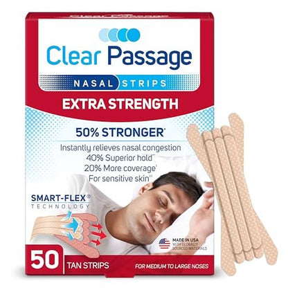 Clear Passage Nasal Strips Extra Stark, Beige, 50 Stück | Wirkt sofort zur Verbesserung des Schlafs, Reduzierung von Schnarchen und Linderung von Nasenverstopfung durch Erkältungen und Allergien