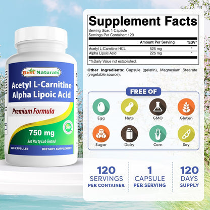Best Naturals Acetyl-L-Carnitin und Alpha-Liponsäure 750 mg, 120 Kapseln