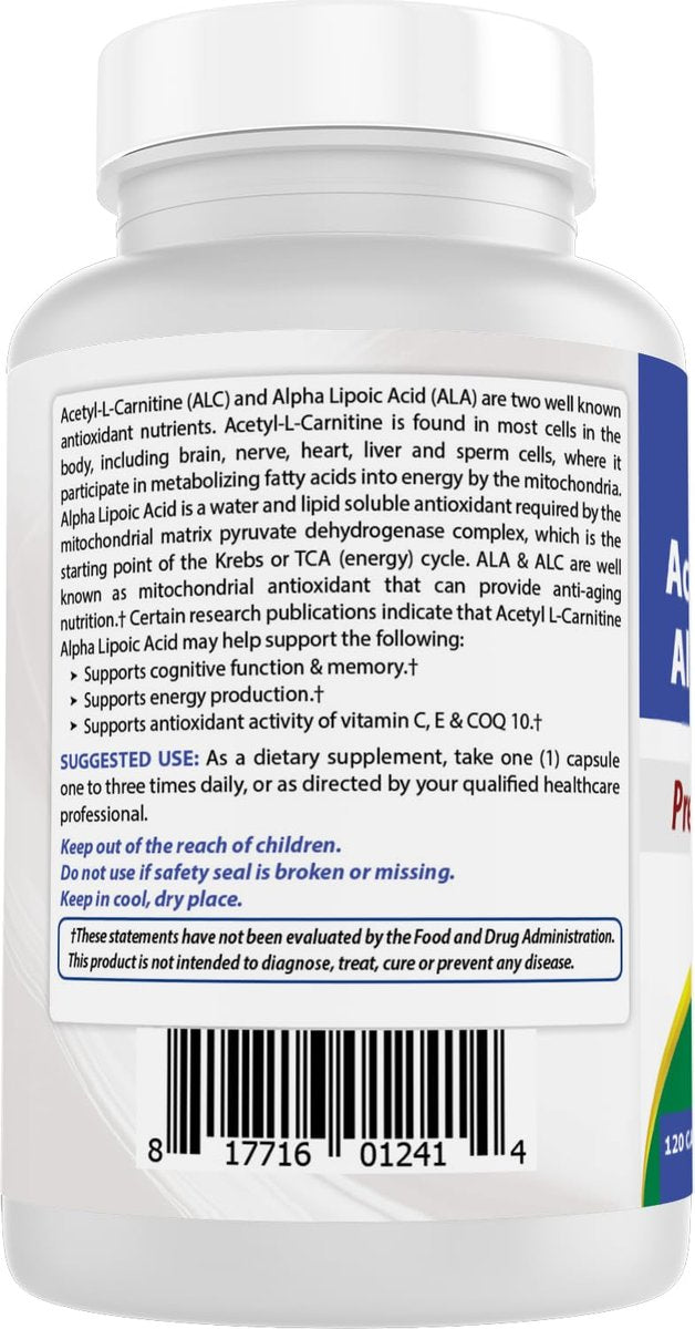 Best Naturals Acetyl-L-Carnitin und Alpha-Liponsäure 750 mg, 120 Kapseln