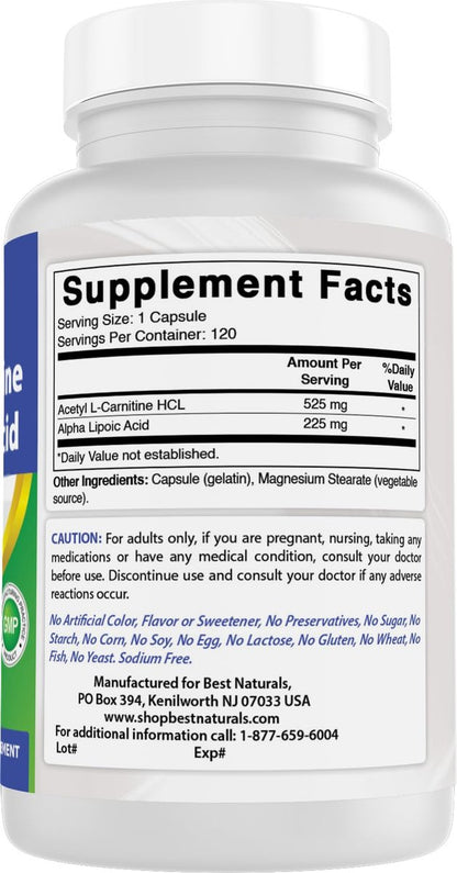 Best Naturals Acetyl-L-Carnitin und Alpha-Liponsäure 750 mg, 120 Kapseln