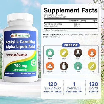 Best Naturals Acetyl-L-Carnitin und Alpha-Liponsäure 750 mg, 120 Kapseln
