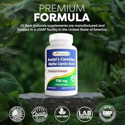 Best Naturals Acetyl-L-Carnitin und Alpha-Liponsäure 750 mg, 120 Kapseln