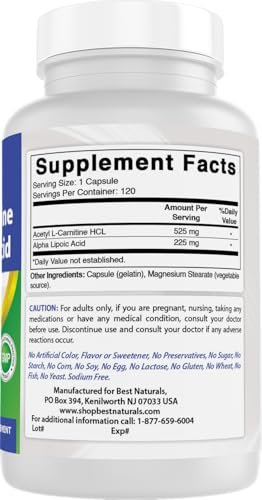 Best Naturals Acetyl-L-Carnitin und Alpha-Liponsäure 750 mg, 120 Kapseln