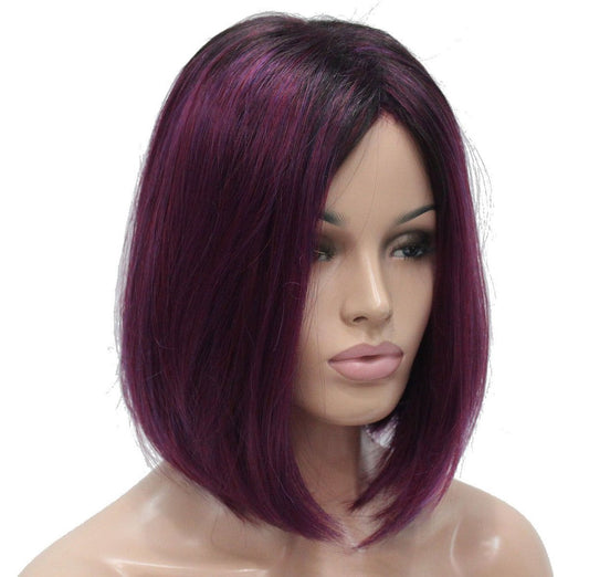Lydell Damen Perücke Naturlook Weinrot Lila Mittellanger Bob Synthetische Vollperücke
