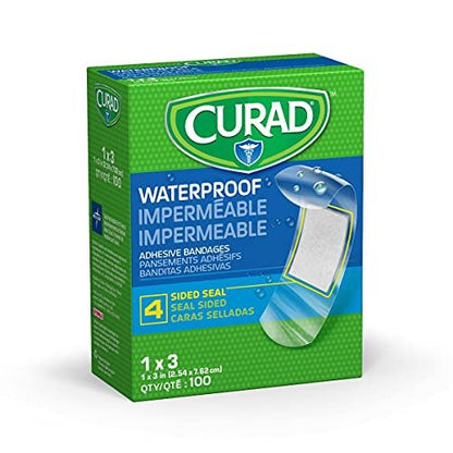 CURAD Plastik-Wasserfeste Pflaster für Erste Hilfe, Haften im Pool, Halten 12 Stunden, Pflaster für Finger & Ellenbogen, Steril, 1 x 3 Zoll, 100 Stück